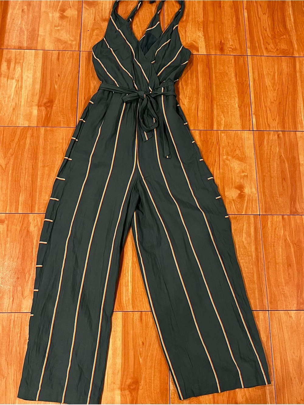 Anthropologie Elevenses Striped Wide Leg Halter Jumpsuit Size Small Green - Picture 2 of 6